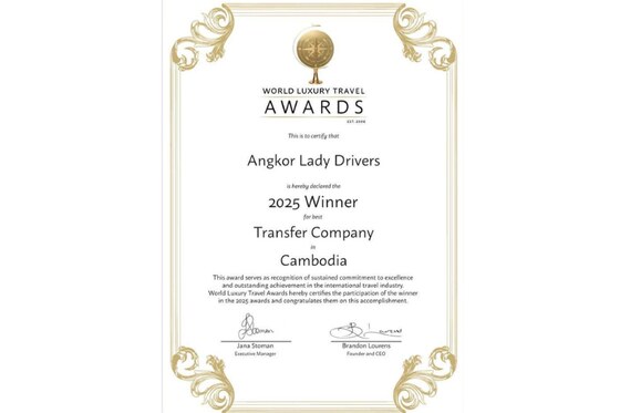 World Luxury Travel Awards certificate for Angkor Lady Drivers